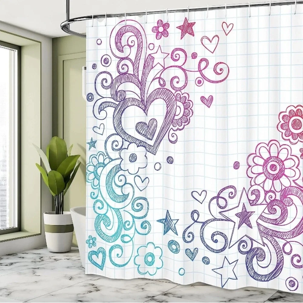 NEW Ambesonne Love Shower Curtain, Heart Swirled Sketch on Checkered Notebook